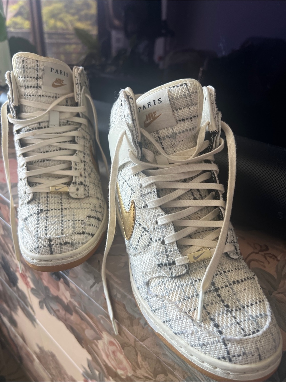 Nike Sky High Dunk- Women's White Tweed High-Top Sneakers with Gold Swoosh - Picture 2 of 6